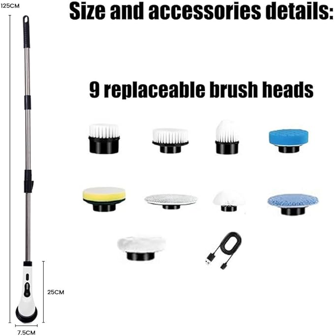 Electric Spin Scrubber, Cordless Shower Scrubber with Long Handle, 1.5h Bathroom Scrubber Dual Speed, Ipx7 Waterproof Cordless Cleaning Brush with 9 Replaceable Brush Heads & Extendable Handle