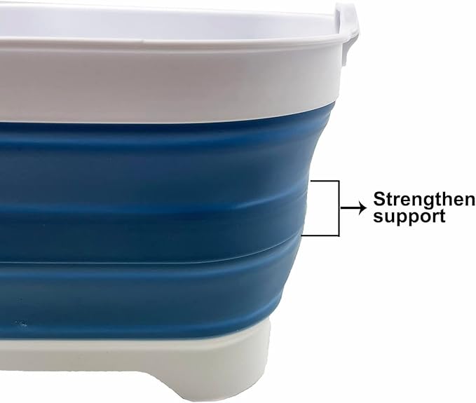 SAMMART 10L (2.64 Gallon) Collapsible Dishpan with Draining Plug - Foldable Washing Basin - Portable Dish Washing Tub - Space Saving Kitchen Storage Tray (White/Metalic Blue)