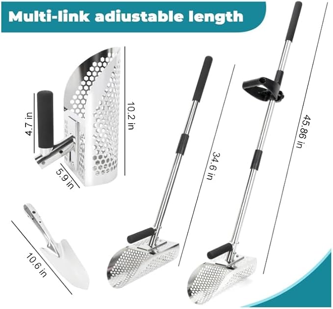 Long Handle Sand Scoop, Stainless Steel Shovel Scoop for Metal Detecting for Adults, Shovel Underwater Treasure Hunting, Adjustable Length, Handheld with Long Steel Handle Pole Design