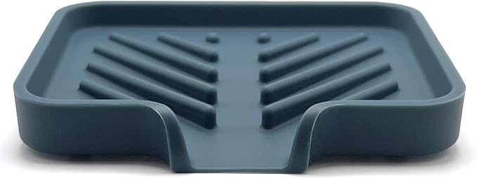 Happitasa Silicone Soap Dish Tray and Sponge Holder with Drain Chute and Feet | 3-Way Sloped Design | Bathroom and Kitchen Sink Organizer Caddy (Smoky Blue, 5"x4")