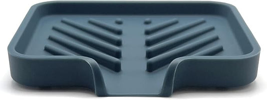 Happitasa Silicone Soap Dish Tray and Sponge Holder with Drain Chute and Feet | 3-Way Sloped Design | Bathroom and Kitchen Sink Organizer Caddy (Smoky Blue, 5"x4")