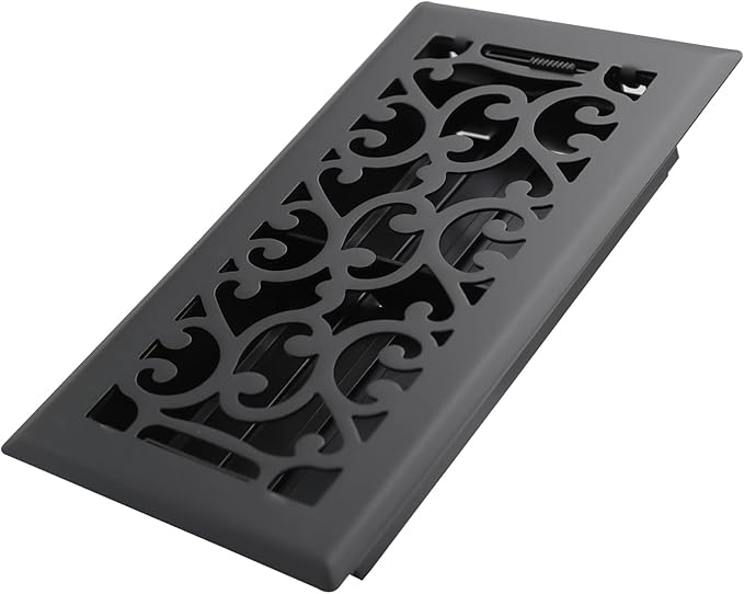 4x8 Inches Heavy Duty Walkable Floor Register - Easy Adjust Air Supply Lever Decorative Floor Vent Covers, Savannah Design Vent Covers for Home - Matte Black