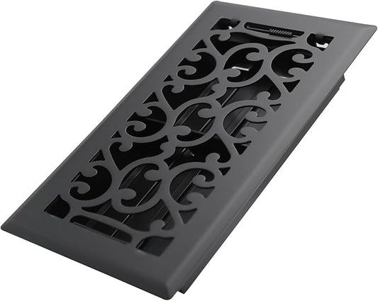 4x8 Inches Heavy Duty Walkable Floor Register - Easy Adjust Air Supply Lever Decorative Floor Vent Covers, Savannah Design Vent Covers for Home - Matte Black