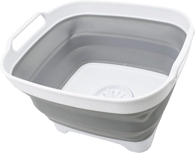 SAMMART 7.5L (2 Gallons) Collapsible Dishpan with Draining Plug - Foldable Washing Basin - Portable Dish Washing Tub - Space Saving Kitchen Storage Tray (White/Grey, 1)