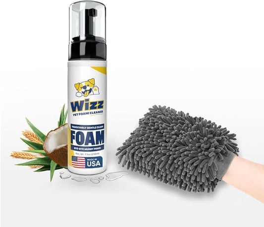 Muddy Mat® Wizz Paw Foam & Pet Grooming Mitt – No-Rinse Cleaner for Dogs Large & Small – Paw Cleanser & Chenille Bath Mitt – Portable Grooming Solution – 7 fl oz