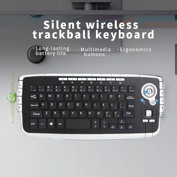 Mini Ergonomic Keyboard Trackball Air Mouse Scroll Wheel Function 2.4G Wireless Keyboard with trackball Mouse Keyboartd Combo for Lapotp PC TV Remote Controller HTPC (Silver)