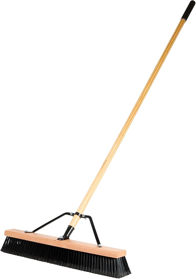 Restaurantware-Clean Tek Professional 24 Inch Push Broom, 1 Heavy-Duty Broom with 60â€ Handle - Fine Plastic Bristles, Durable, Wooden, Commercial Use, for Deck, Driveway, Garage, Yard, Patio
