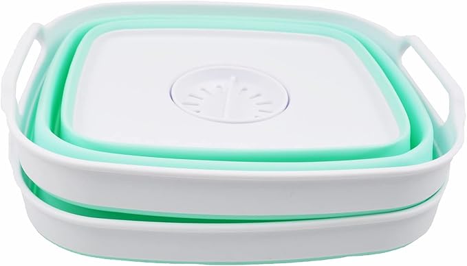 SAMMART 7.5L (2 Gallons) Collapsible Dishpan with Draining Plug - Foldable Washing Basin - Portable Dish Washing Tub - Space Saving y (White/Light Green (Set of 2), 2)