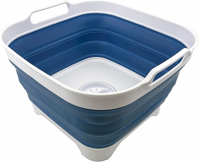 SAMMART 10L (2.64 Gallon) Collapsible Dishpan with Draining Plug - Foldable Washing Basin - Portable Dish Washing Tub - Space Saving Kitchen Storage Tray (White/Metalic Blue)