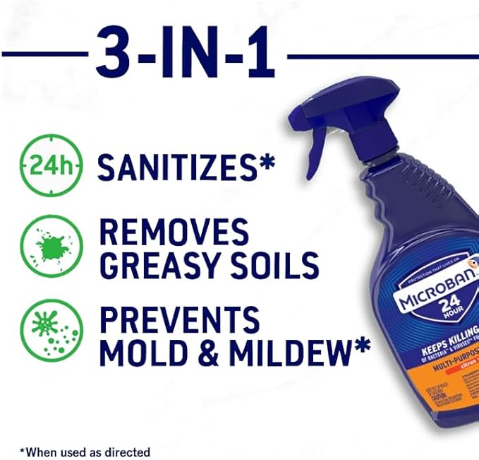 MICROBAN Multi-Purpose Cleaner, 32 oz., 2 Pack, Citrus, Penetrates Soap Scum, Greasy Soils and Reduces Odors, Keeps Killing 99.9% of Bacteria and Viruses for up to 24 Hours