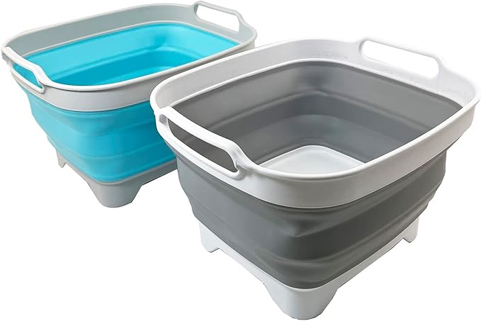 SAMMART 7.5L (2 Gallons) Collapsible Dishpan with Draining Plug - Foldable Washing Basin - Portable Dish Washing Tub - Space Saving y (Grey + Cyanine, 2)