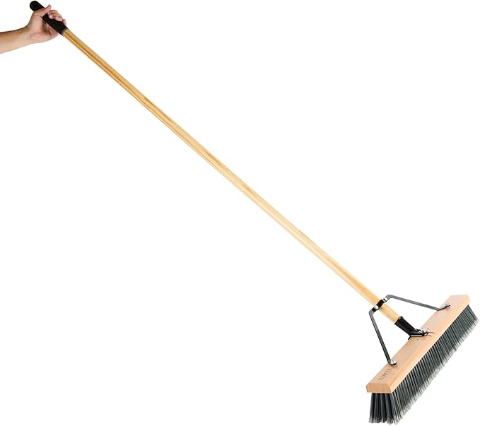 Restaurantware-Clean Tek Professional 24 Inch Push Broom, 1 Heavy-Duty Broom with 60” Handle - Medium Plastic Bristles, Durable, Wooden, Commercial Use, for Deck, Driveway, Garage, Yard, Patio