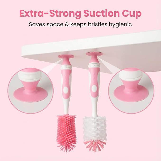 4-in-1 Baby Bottle Brush Set, Including Nylon Bottle Brush, Cap, Straw, Nipple Brushes, BPA-Free (Pink)