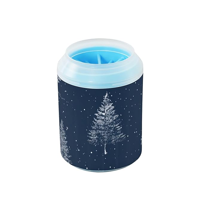 Dog Paw Cleaner Cups for Dogs Pet Foot Washer Paw Scrubber for Small Medium Large Dogs Cats Cleaning Cup Dark Blue Pine Trees and Winter Snow