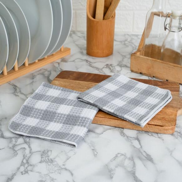 Blue Needles Waffle Weave Check Plaid Dish Cloths, 12x12 Inches 100% Cotton Set of 6 Dish Towels for Kitchen, Ultra Soft & Absorbent Kitchen Towels for Quick Drying Spring Summer - Ash Grey & White