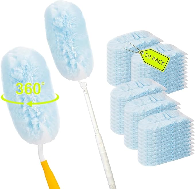 50 Count Disposable Dusters Refills Multi Surface 360° Heavy Duty Duster Refills Compatible with Swiffer Duster Refills+ 1 Short Handle +1 Extenda Handle