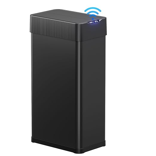 TLSUNNY 13.2 Gallon Automatic Trash Can, Stainless Steel Motion Sensor Garbage bin, Smart Trash Can W/Butterfly Lid, Bag Retainer Ring and Display Light for Living Room,Kitchen,Office (Black, 50L)