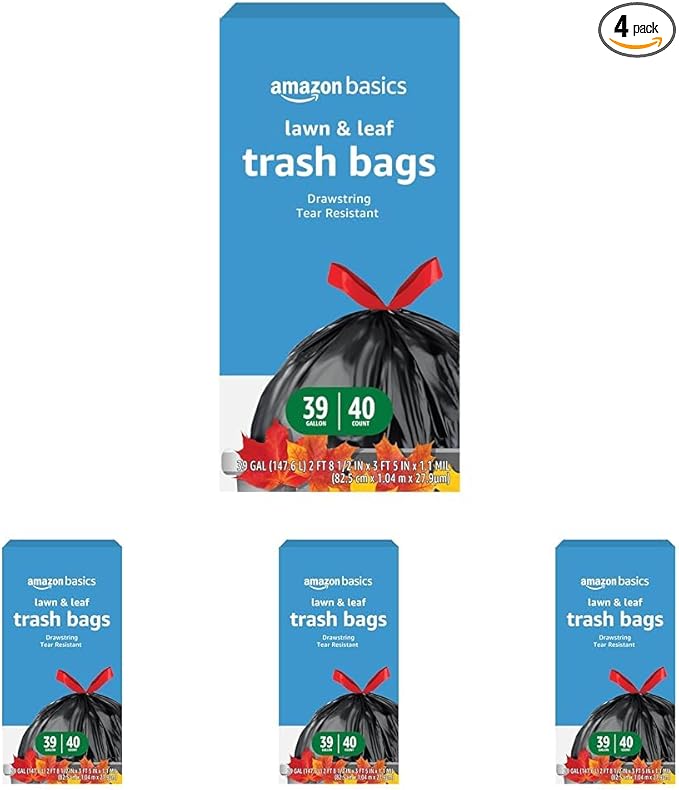 Amazon Basics Lawn & Leaf Drawstring Trash Bags, 39 Gallon, 40 Count (Pack of 4)