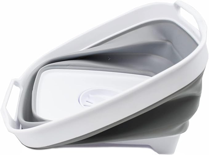 SAMMART 7.5L (2 Gallons) Collapsible Dishpan with Draining Plug - Foldable Washing Basin - Portable Dish Washing Tub - Space Saving y (White/Grey (Set of 2), 2)