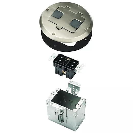 RACO Floor Box Kit 6239ACNI Nickel 15A/125V Duplex Receptacle Outlet with USB Ports, Single Gang Electrical Box for Wood Sub-Floor with 3.1A/5V Type A and C USB Outlet Receptacles for Home Improvement