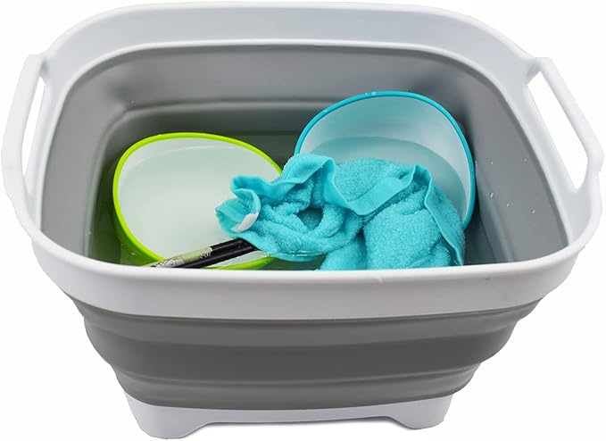 SAMMART 7.5L (2 Gallons) Collapsible Dishpan with Draining Plug - Foldable Washing Basin - Portable Dish Washing Tub - Space Saving y (Grey + Cyanine, 2)