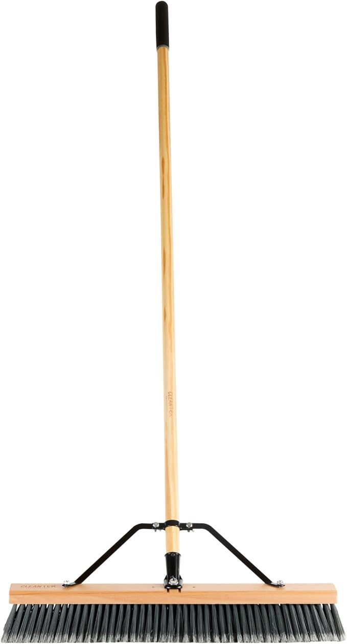 Restaurantware-Clean Tek Professional 24 Inch Push Broom, 1 Heavy-Duty Broom with 60” Handle - Medium Plastic Bristles, Durable, Wooden, Commercial Use, for Deck, Driveway, Garage, Yard, Patio