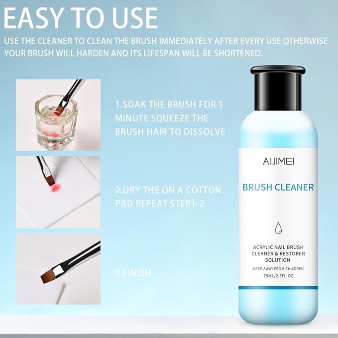AIJIMEI Acrylic Nail Brush Cleaner 2.5FL.OZ 75ML Acrylic Brush Cleaner Liquid Acrylic Nail Brushes Nail Art Tools for Salon Home Use Acrylic Paint Brush Cleaner-75ml