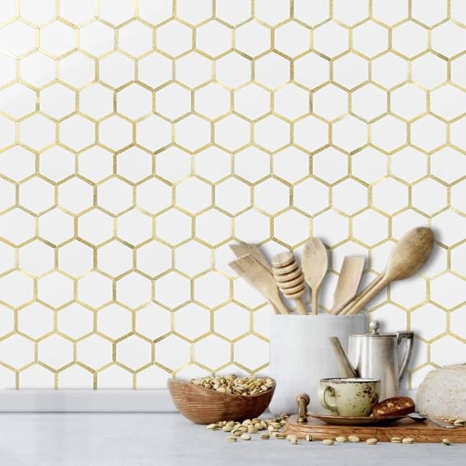 DICOFUN 1 Sheet Hexagon Peel and Stick Backsplash Tile, Polished Marble Look Mixed Light Gold Kitchen Backsplash Peel and Stick Wall Tiles