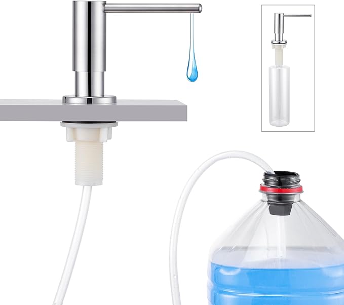 Kitchen Sink Soap Dispenser with 17 OZ Bottle and 40" Extension Tube Kit, Stainless Steel Built-in Soap Dispenser for Kitchen Sink or Countertop, In or Under Sink Installation, Polished Chrome