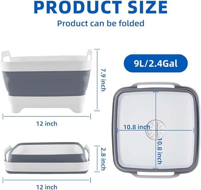 THANSTAR Collapsible Wash Basin, 9L/2.4Gal Foldable Sink with Drain Plug, 2-in-1 Dish Drying Rack & Storage Bucket, Portable Washing Bin for Kitchen/Camping/RV, BPA Free PP, Space-Saving Design, Gray