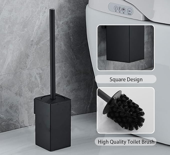 Toilet Bowl Brush Holder Square,Stainless Steel Square Wall Mounted Toilet Brush with Lid,Cleaning Toilet Brush Set for Bathroom,Black