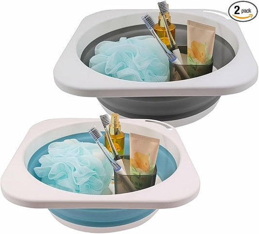 2 Pack Portable Folding Wash Basin, 1.4 Gallon Lightweight Collapsible Sink, Camping Dish Tub, RV, Travel, Space-Saving and Easy to Store (Grey+Blue, 2 Pack)