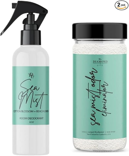Home “Sea Mist” Carpet Powder & Room Spray Bundle – Cotton Blossom & Linen – Natural Carpet Deodorizer for Vacuuming, Fabric & Upholstery Freshener, Air & Linen Spray – Pet & Kid Safe
