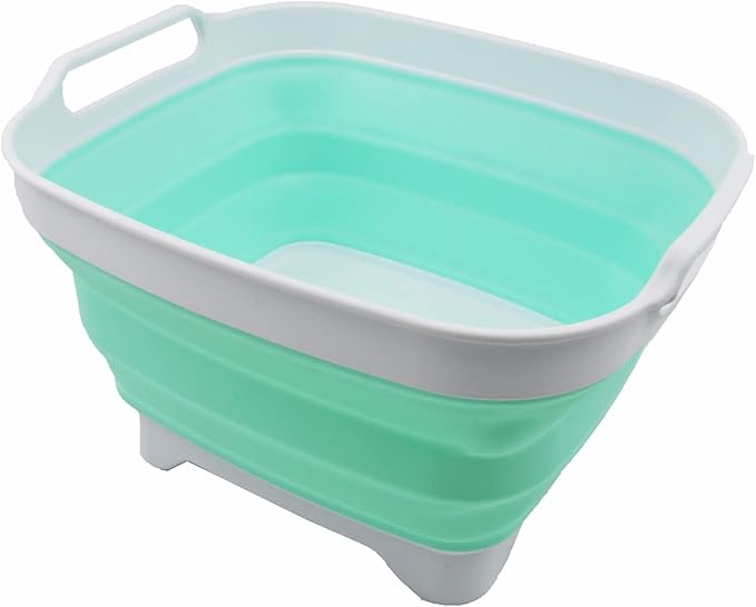 SAMMART 7.5L (2 Gallons) Collapsible Dishpan with Draining Plug - Foldable Washing Basin - Portable Dish Washing Tub - Space Saving y (White/Light Green (Set of 2), 2)
