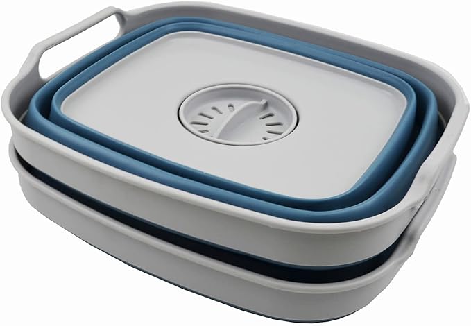 SAMMART 7.5L (2 Gallons) Collapsible Dishpan with Draining Plug - Foldable Washing Basin - Portable Dish Washing Tub - Space Saving y (Grey/Steel Blue (Set of 2), 2)