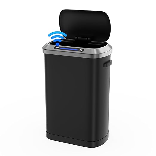 pouseayar Black 13 Gallon 50L Smart Automatic Trash Cans, Stainless-Steel Thickened Body with Super Mute Sensor Lid and 30 Count Garbage Bags for Kitchen Office Bedroom Waste Bin and More