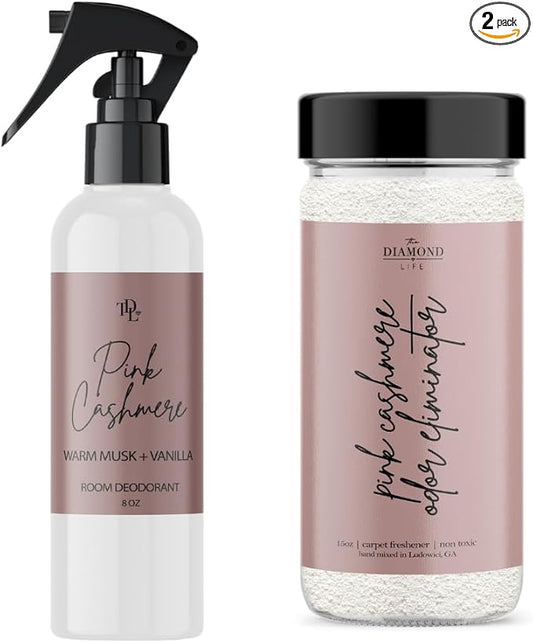 “Pink Cashmere” Carpet Powder & Room Spray Bundle – Apple, Spices & Vanilla – Carpet Deodorizer for Vacuuming, Upholstery Freshener, Air, Fabric & Linen Odor Eliminator – Pet/Kid Safe