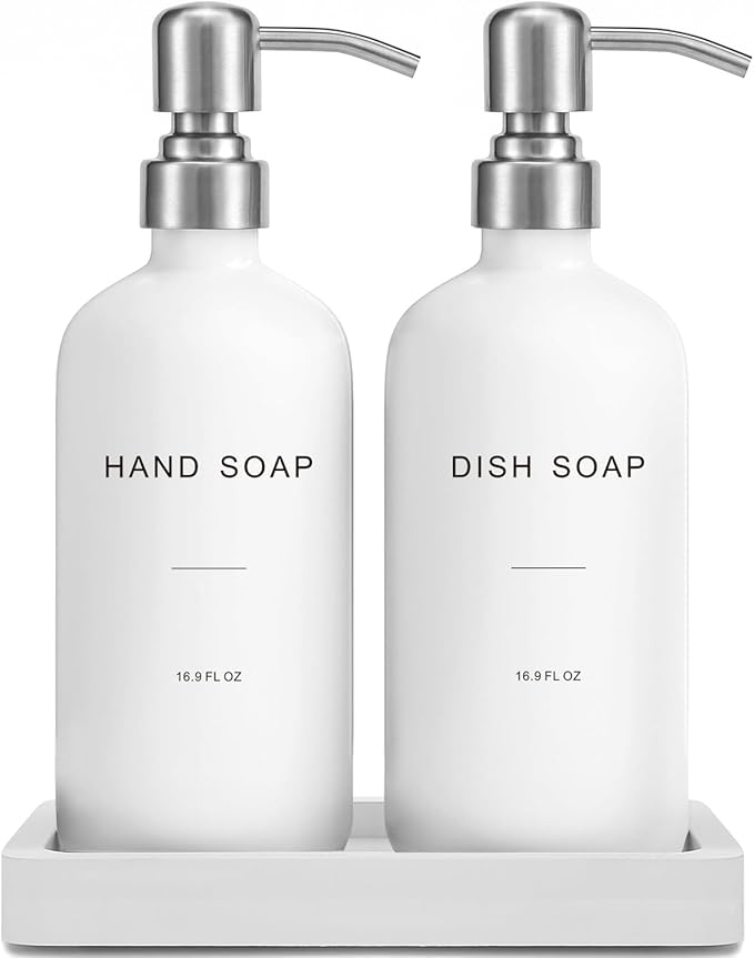 White Soap Dispenser for Kitchen Sink, Dish and Hand Soap Dispenser with Silver Stainless Steel Pump, Perfect for Kitchen Decor and Accessories. (Silver & White)