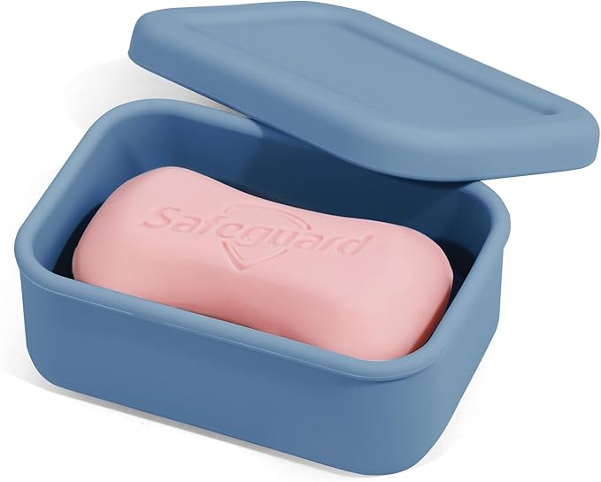 Leak Proof Silicone Travel Soap Case with Draining Tray - Bar Soap Holder for Travel, Gym & Camping - Mess-Free Portable Soap Container for Carry-on Bags (Dark Blue)