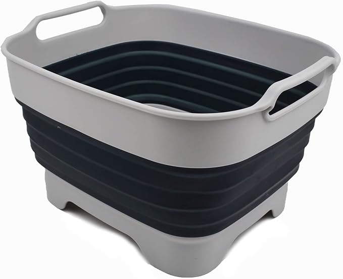 SAMMART 7.5L (2 Gallon) Collapsible Dishpan with Draining Plug - Foldable Washing Basin - Portable Dish Washing Tub - Space Saving Kitchen Storage Tray (Grey/Slate Grey, 1)