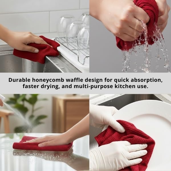 PurpleEssences Dish Cloths and Dish Rags - 8 Pack Waffle Weave Solid Kitchen Dish Wash Cloths, 100% Cotton, 12 x 12 Inches, Ultra Soft Absorbent Quick Drying - Christmas Holiday Winter - Red