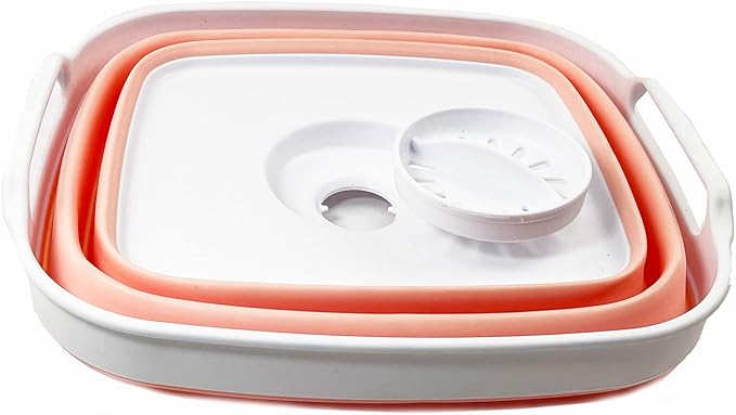 SAMMART 7.5L (2 Gallons) Collapsible Dishpan with Draining Plug - Foldable Washing Basin - Portable Dish Washing Tub - Space Saving y (White/Pearl Blush, 1)