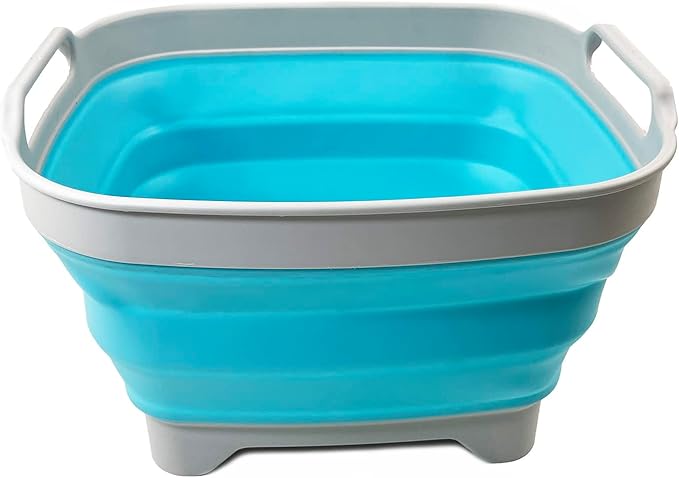SAMMART 7.5L (2 Gallons) Collapsible Dishpan with Draining Plug - Foldable Washing Basin - Portable Dish Washing Tub - Space Saving y (Grey/Cyanine, 1)