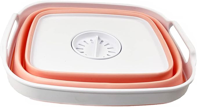 SAMMART 7.5L (2 Gallons) Collapsible Dishpan with Draining Plug - Foldable Washing Basin - Portable Dish Washing Tub - Space Saving y (White/Pearl Blush, 1)