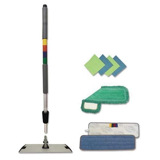Boardwalk Microfiber Cleaning Kit, 18" Wide Blue/Green Microfiber Head, 35" to 60" Gray Aluminum Handle