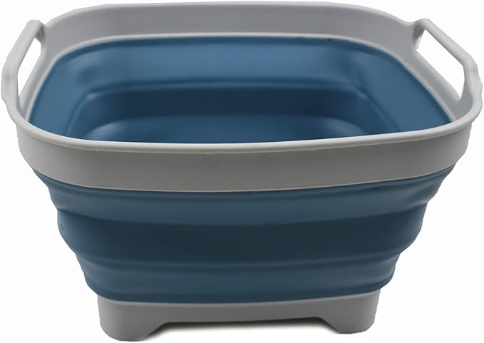 SAMMART 7.5L (2 Gallons) Collapsible Dishpan with Draining Plug - Foldable Washing Basin - Portable Dish Washing Tub - Space Saving Kitchen Storage Tray (Grey/Steel Blue, 1)