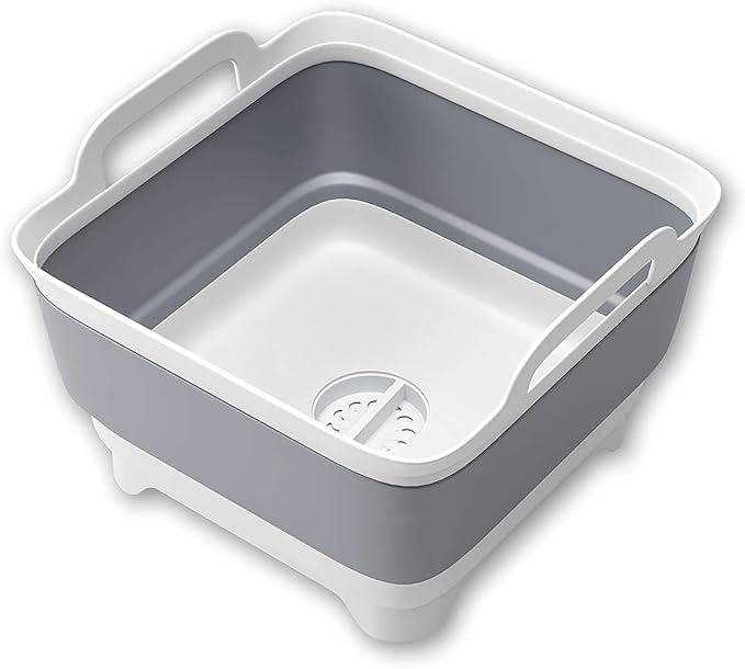 THANSTAR Collapsible Wash Basin, 9L/2.4Gal Foldable Sink with Drain Plug, 2-in-1 Dish Drying Rack & Storage Bucket, Portable Washing Bin for Kitchen/Camping/RV, BPA Free PP, Space-Saving Design, Gray