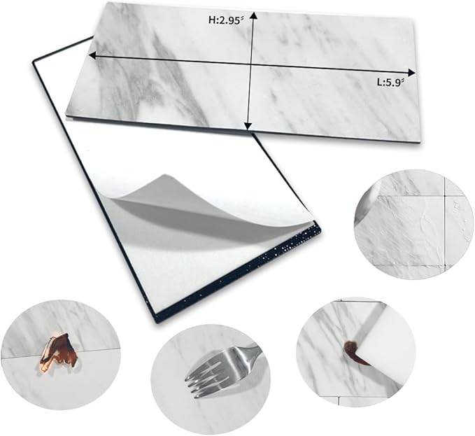 AULIGET 4-Piece White Marble Look Peel and Stick Backsplash Wall Tiles, 3" x 6" PVC Faux Stone Stick on Tile for Backsplash Kitchen, Bathroom, Laundry Room, Camper, Fireplace