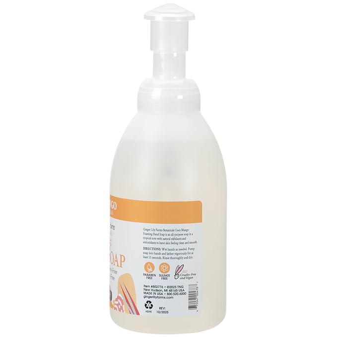 Ginger Lily Farms Botanicals All-Purpose Foaming Hand Soap Refill, Coco Mango, 100% Vegan & Cruelty-Free, Coconut Mango Scent, 20 Fl Oz (Pack of 8)