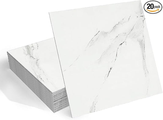 20 Pack Marble Peel and Stick Floor Tile White Waterproof Vinyl Flooring Self Adhesive Ceramic Bathroom Floor Tile Laminate Flooring Sheet for Garage Kitchen Laundry Room Shower Square